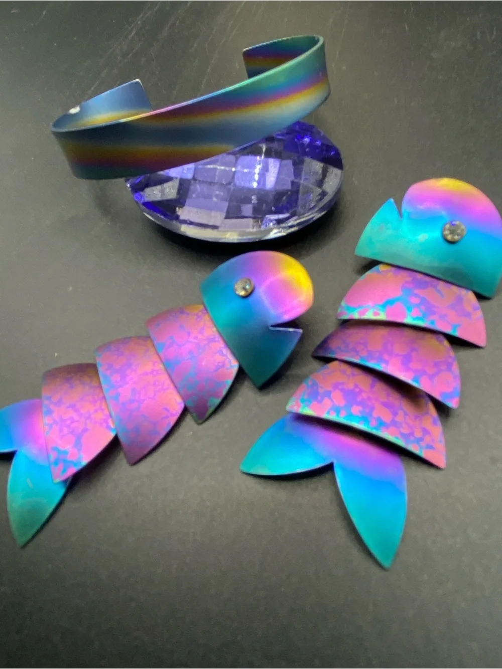 Rainbow Titanium Bangle Bracelet & Articulated Fish Earrings Pierced Dangles